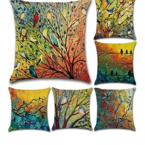 Colorful Bird and Tree Throw Pillow Covers 18" x 18”